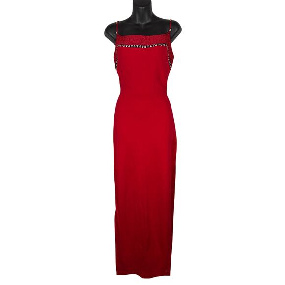 Nicole Bakti Dress Formal Gown Jewelled Sheath Maxi Red Event  - M